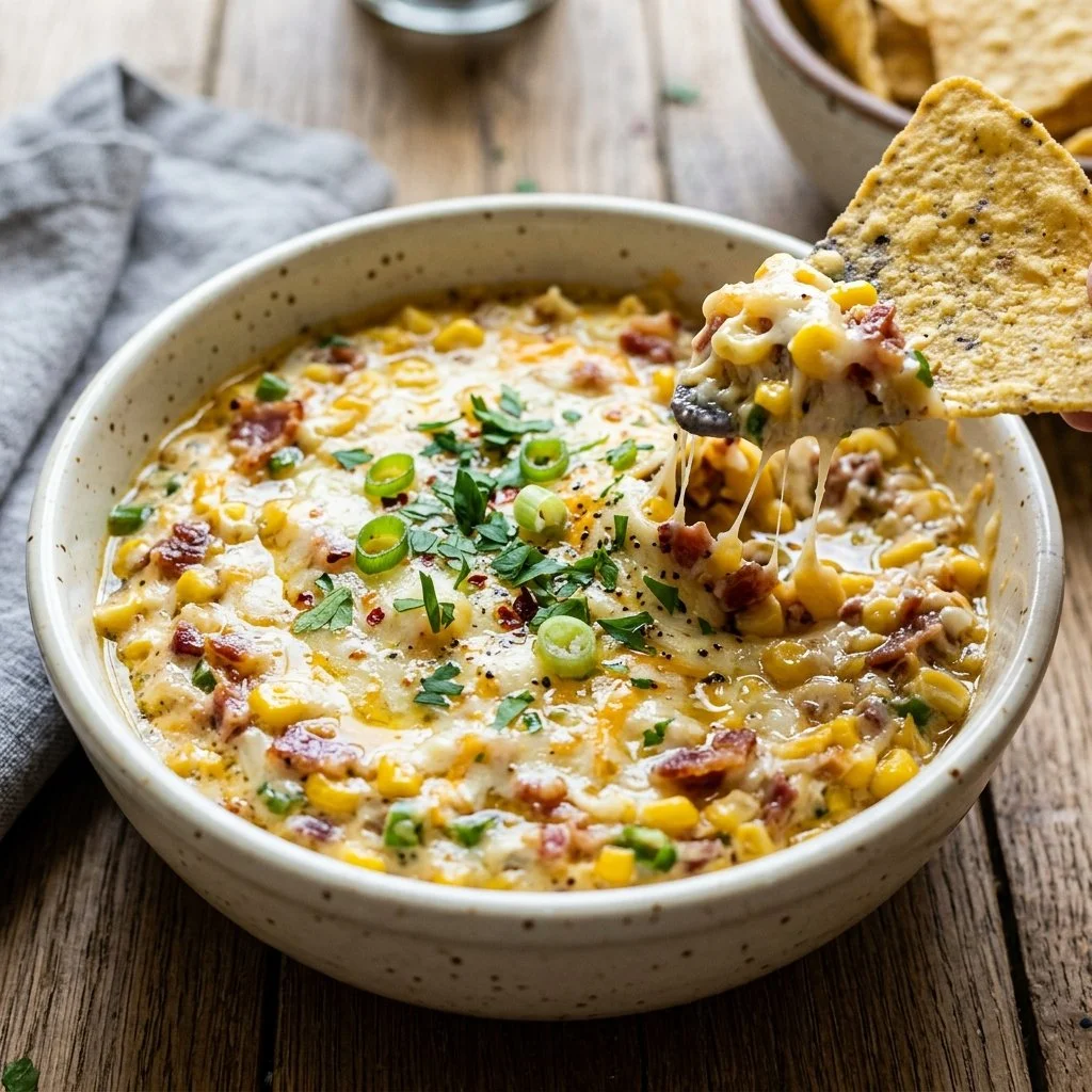 Delicious Crack Corn Dip served in a bowl with chips and fresh herbs for garnish.