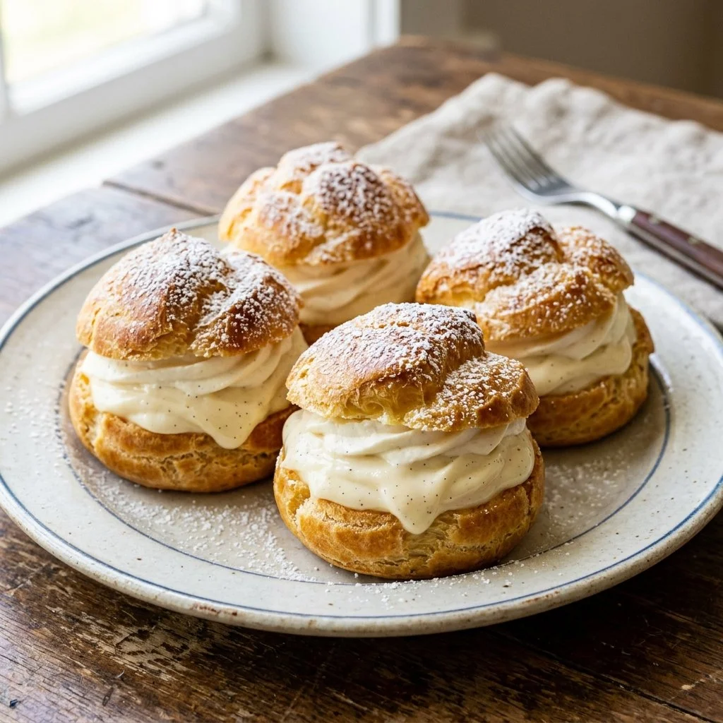 Delicious cream puffs filled with whipped cream and topped with chocolate.