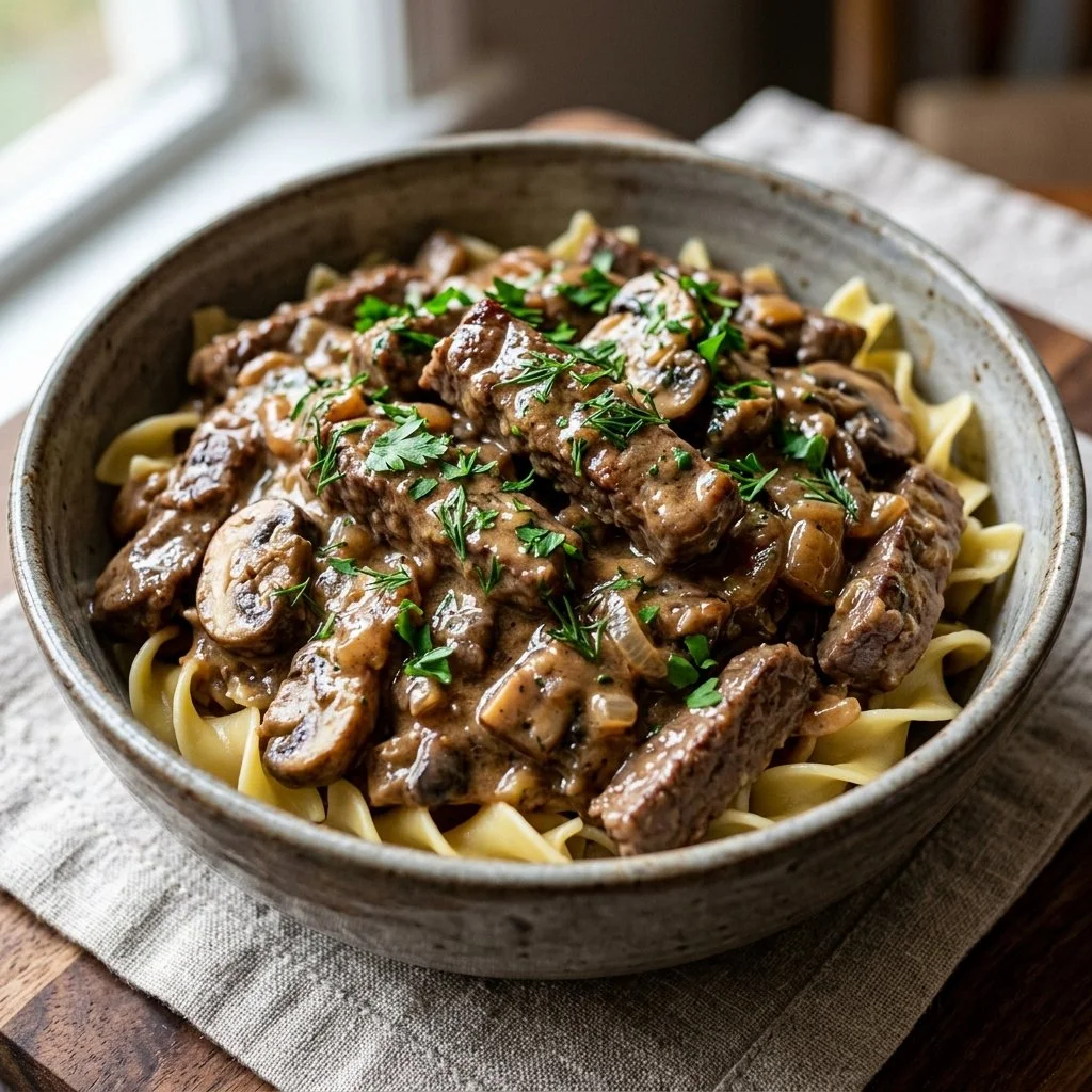 Creamy beef stroganoff served with noodles and garnished with parsley