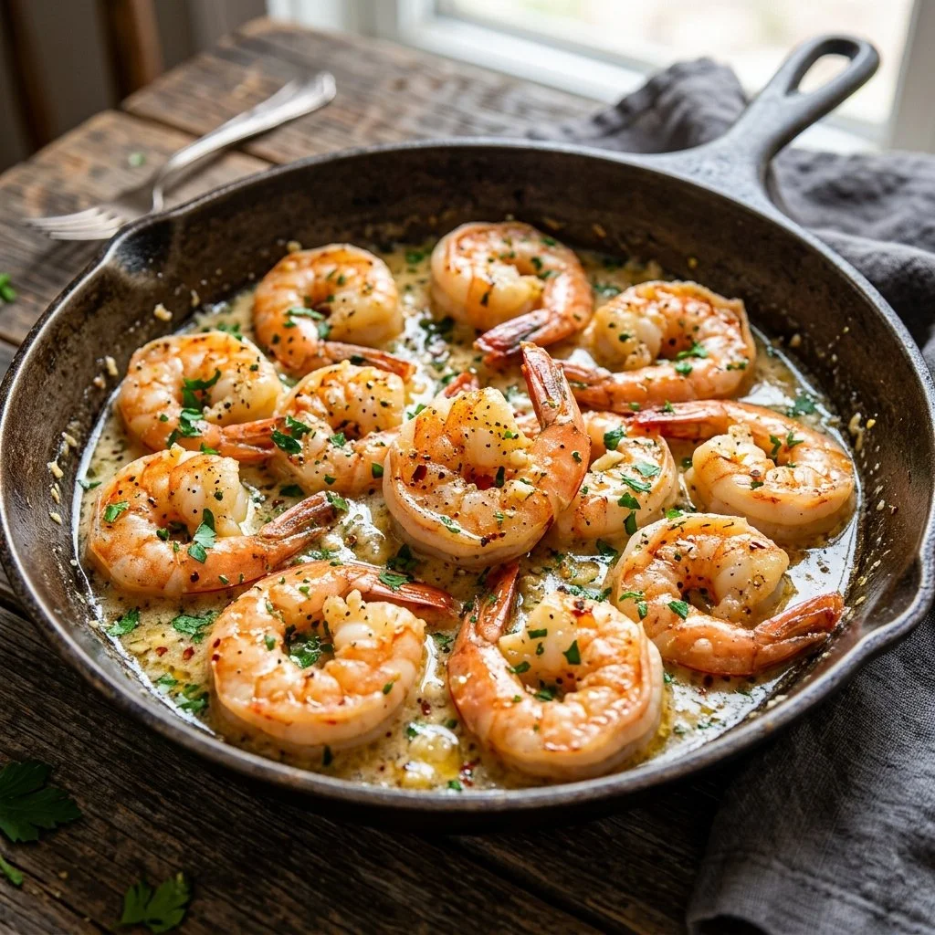 Creamy garlic butter shrimp served in a skillet with herbs and spices.