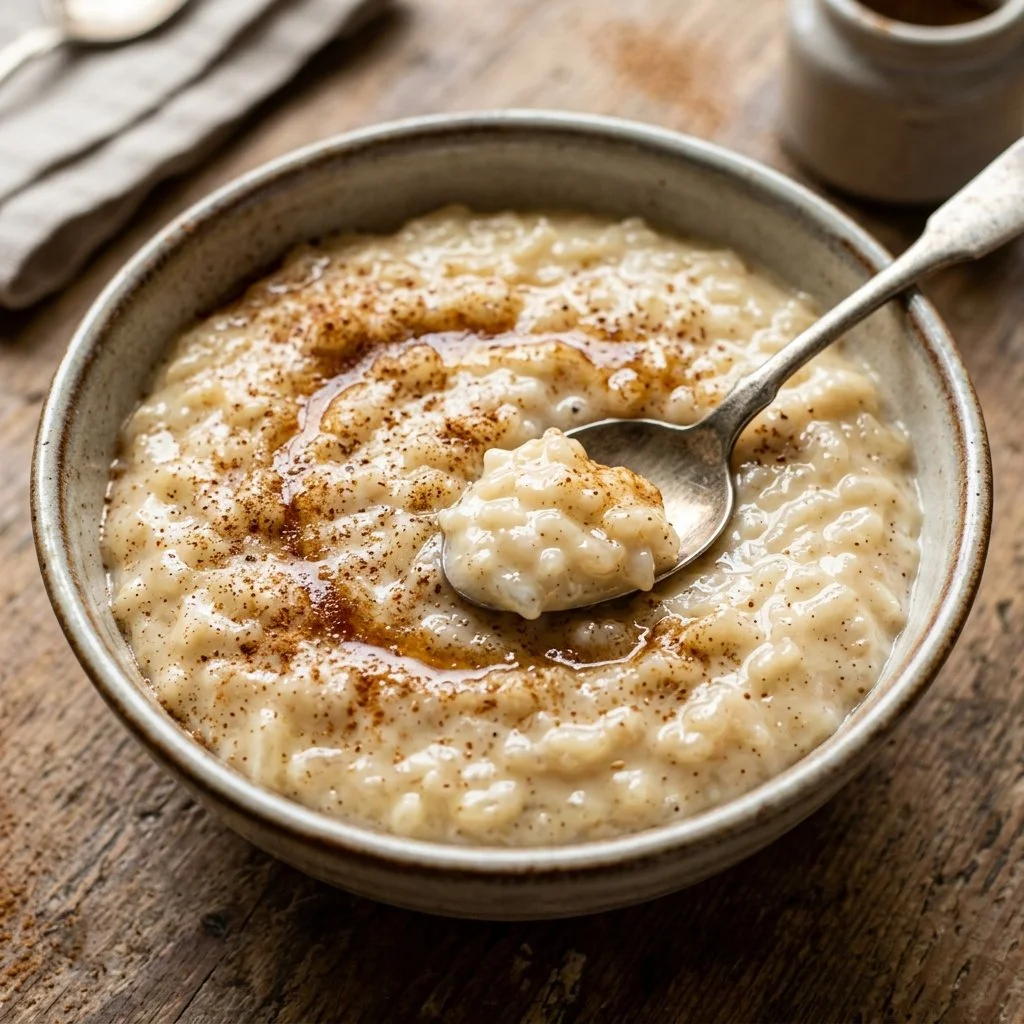 Bowl of creamy rice pudding with cinnamon and raisins, a delicious dessert