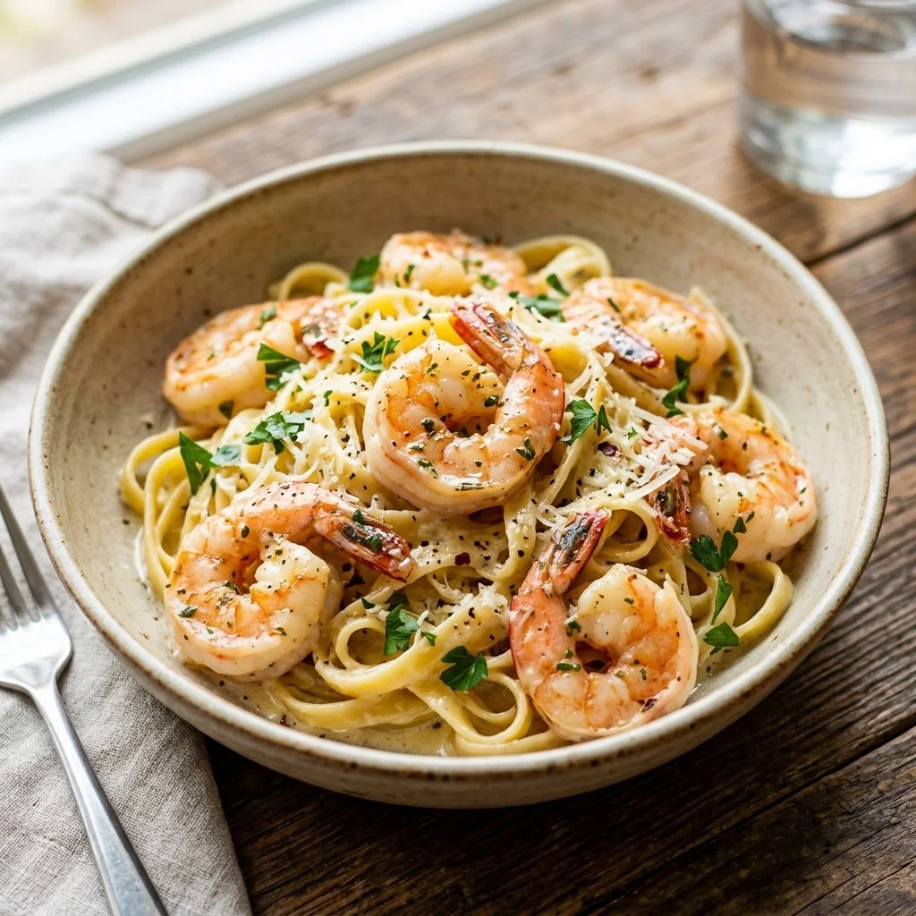 Creamy shrimp pasta dish garnished with parsley and served in a bowl