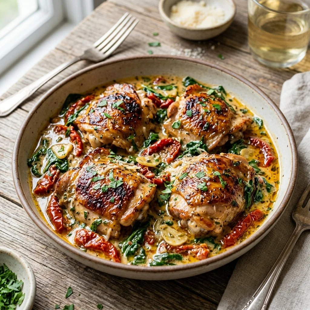 Creamy Tuscan chicken dish with herbs and creamy sauce