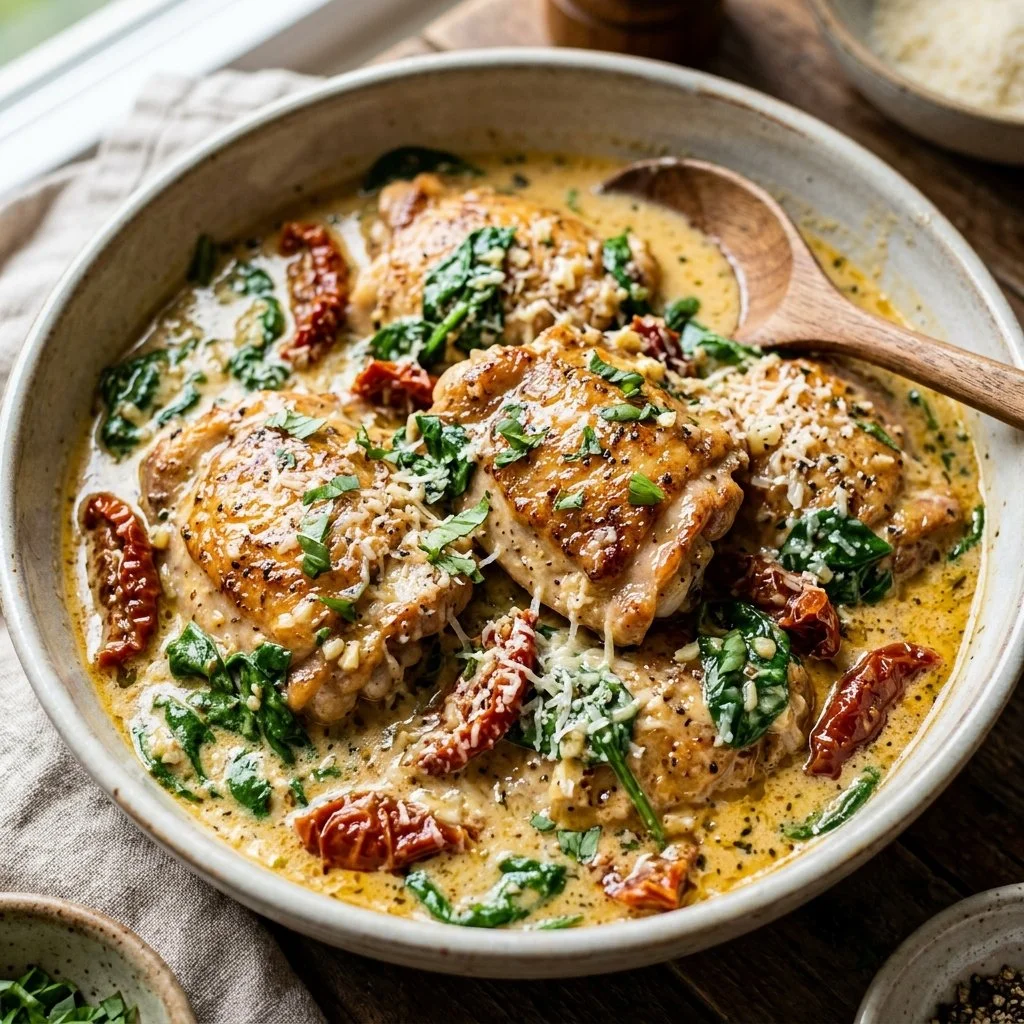 Plate of creamy Tuscan chicken with spinach and tomatoes garnished with parsley