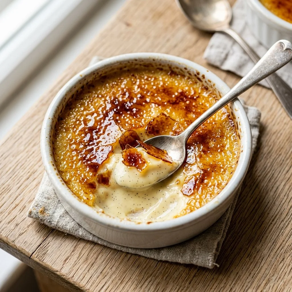 Delicious Crème Brûlée with caramelized sugar crust and creamy filling