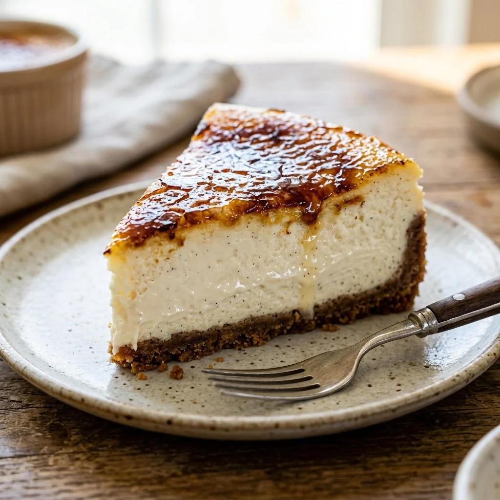 Delicious Crème Brûlée Cheesecake with a caramelized sugar topping