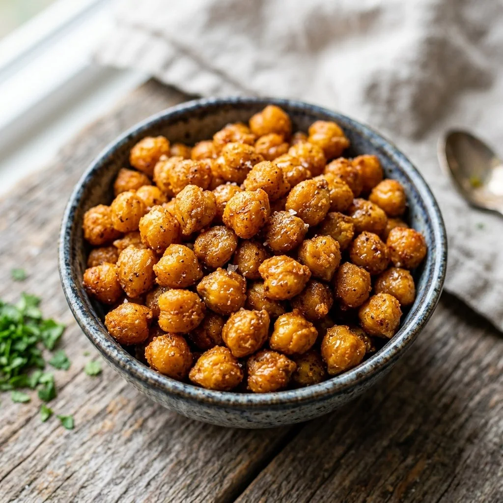 Crispy air fryer chickpeas served in a bowl for a healthy snack option.