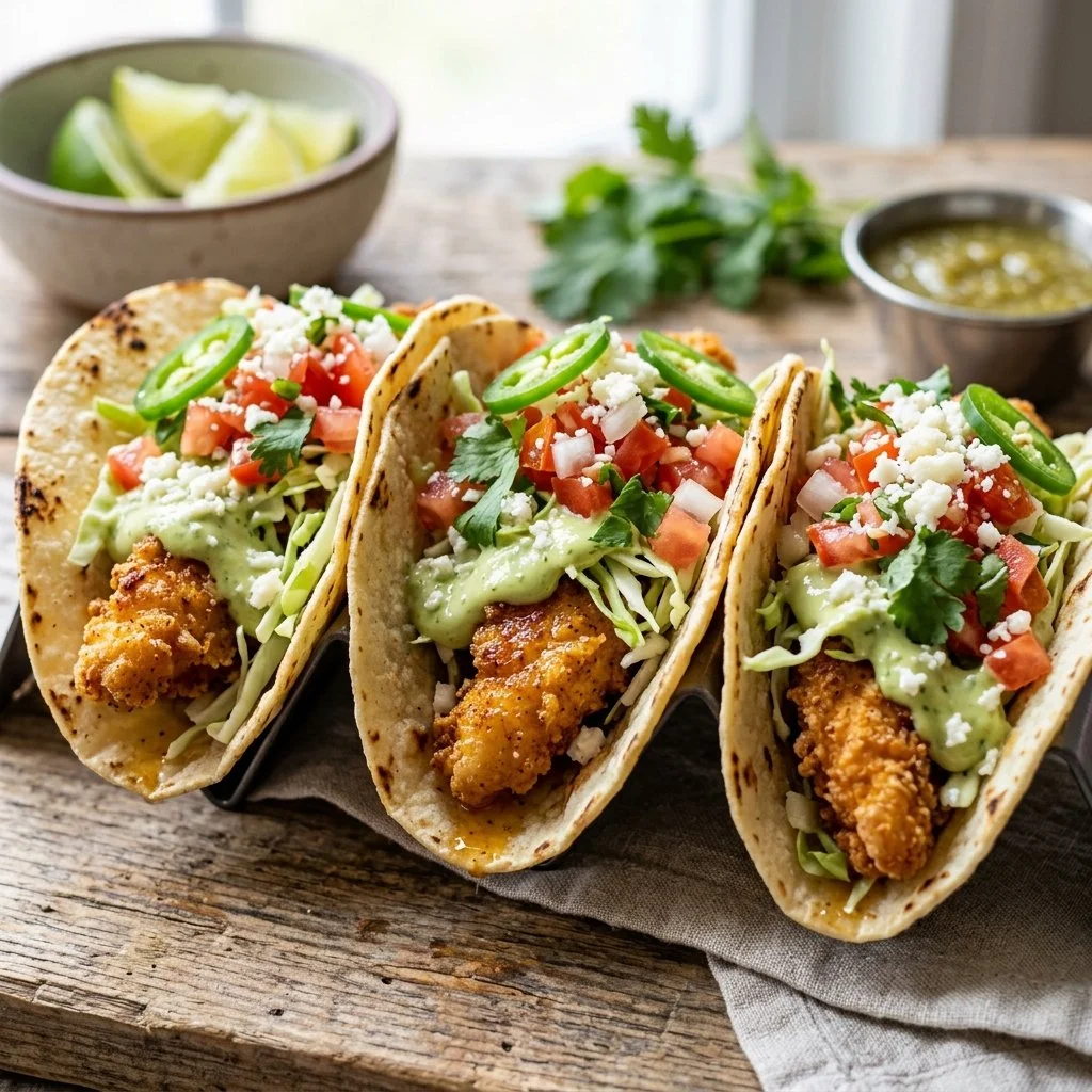 Delicious crispy chicken tacos loaded with fresh toppings and served in soft tortillas