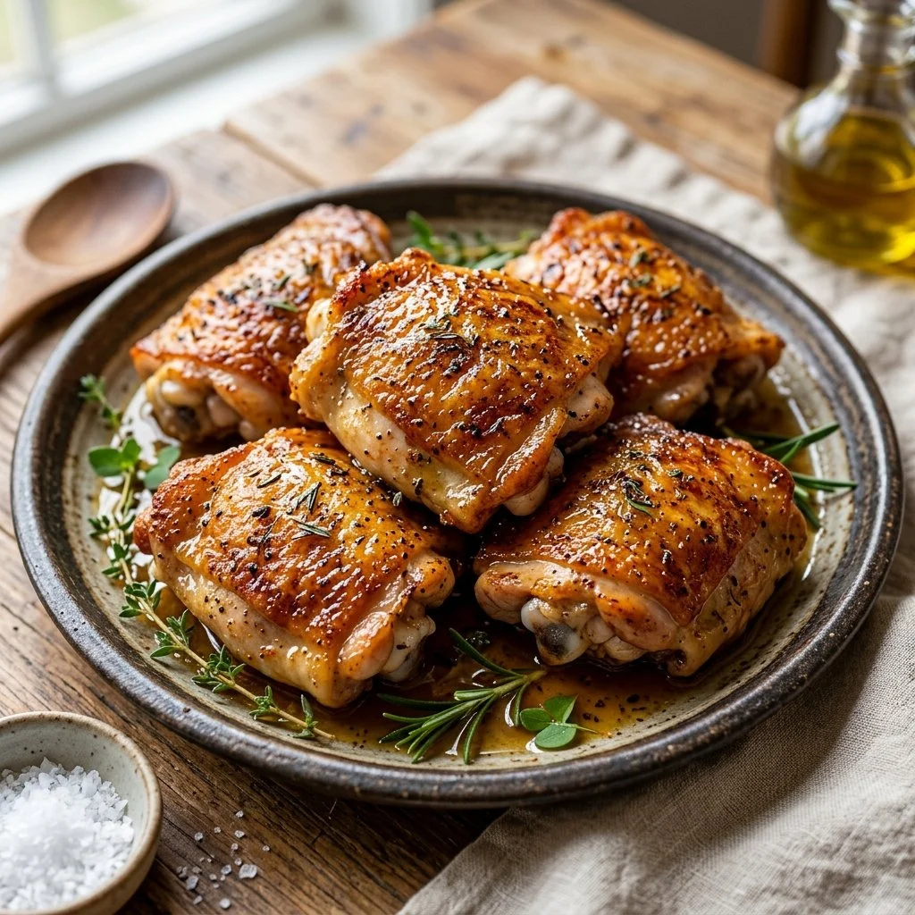 Crispy chicken thighs served on a plate, garnished and ready to eat.