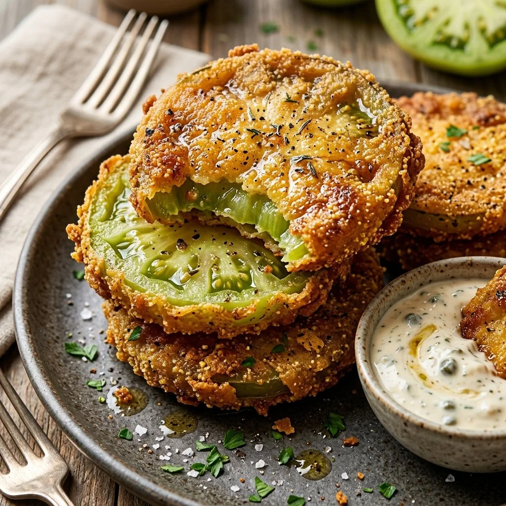 Plate of crispy fried green tomatoes served with dipping sauce