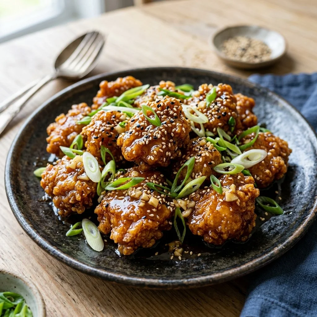 Plate of crispy honey garlic chicken garnished with herbs.