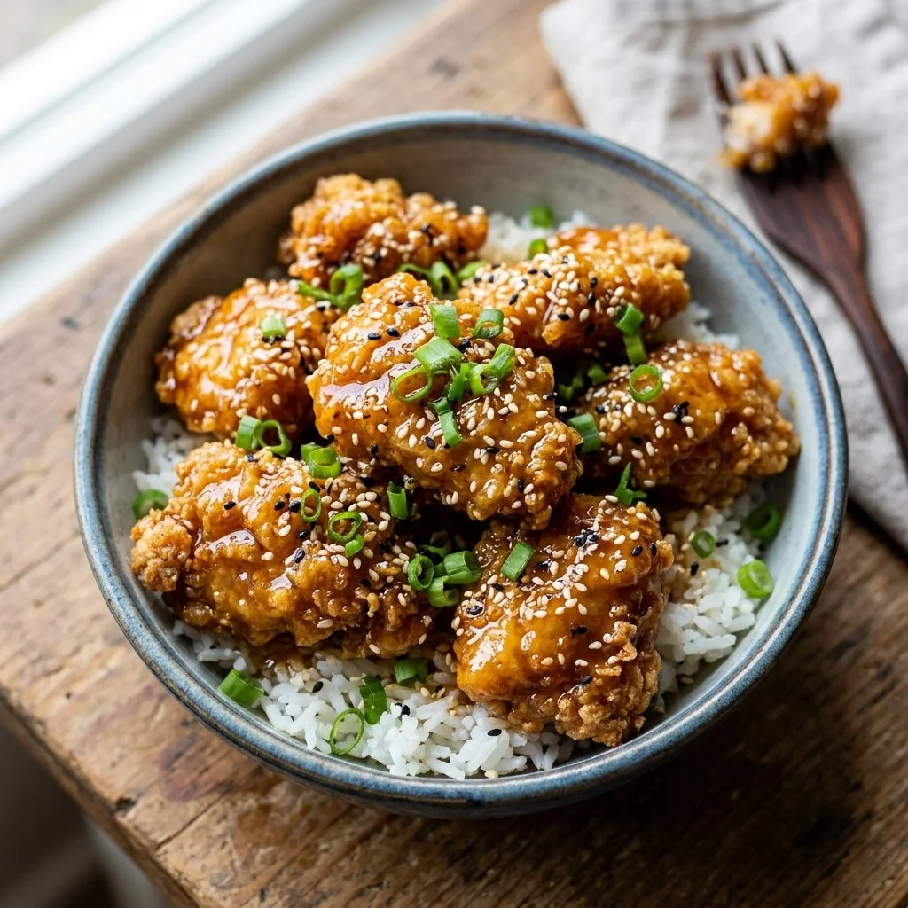 Crispy honey sesame chicken served on a plate with garnish