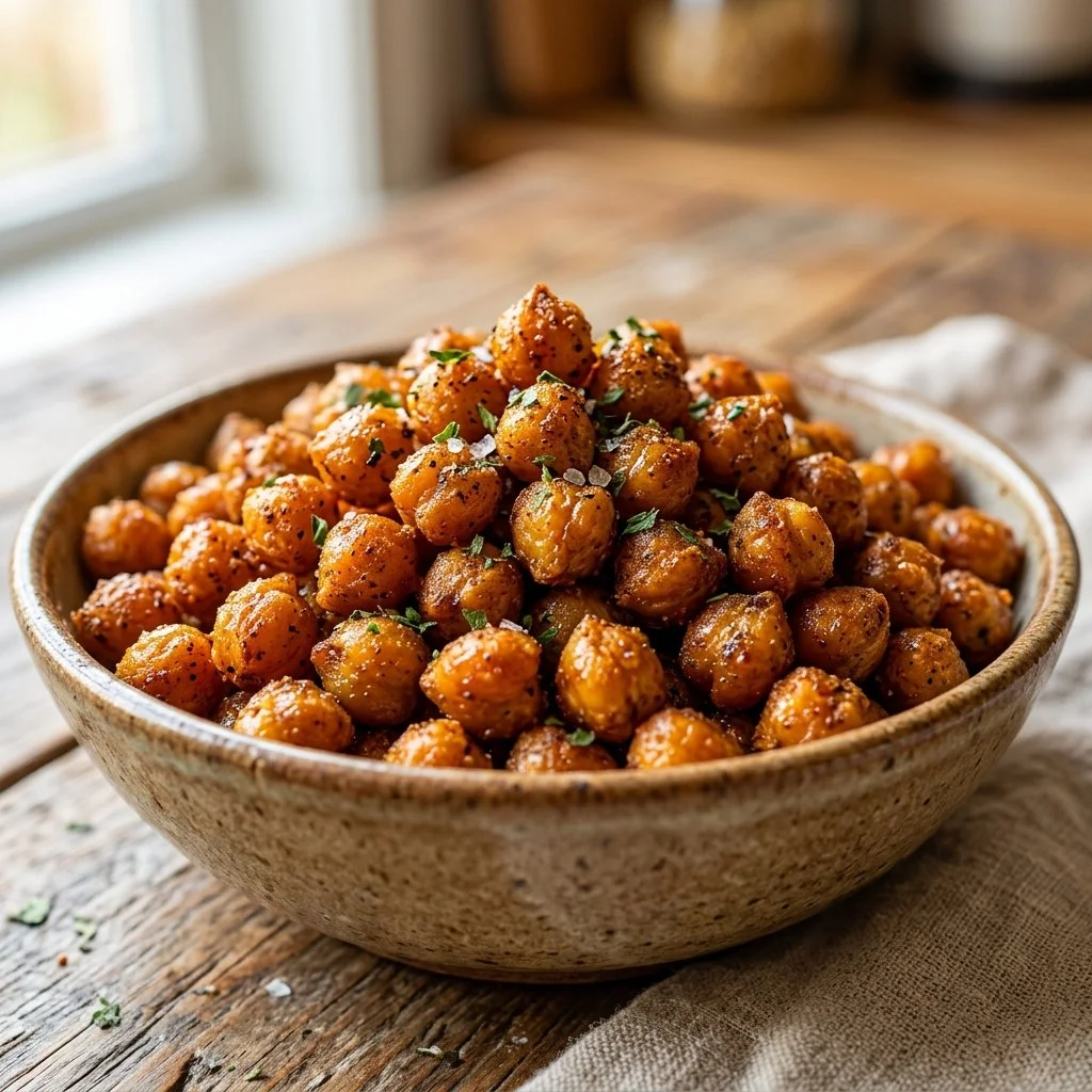 Bowl of crispy roasted chickpeas seasoned with spices