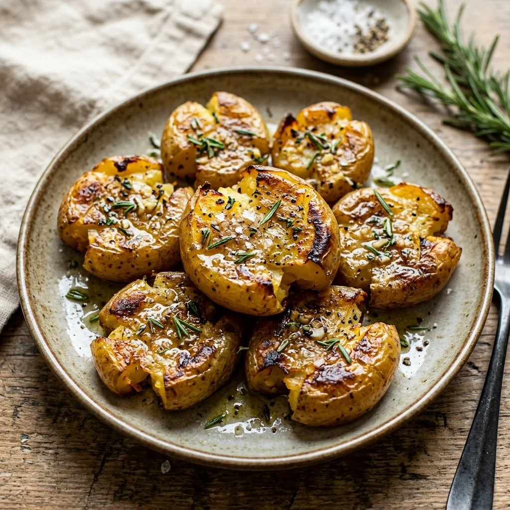 Crispy smashed potatoes served on a plate with herbs.