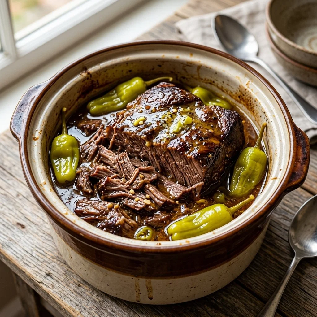 Crockpot Mississippi Pot Roast with vegetables and spices
