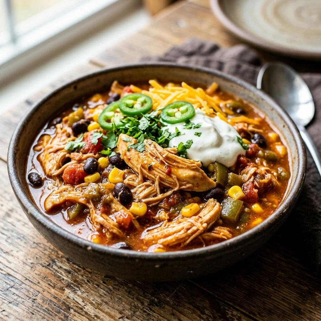 Delicious Crockpot Santa Fe Chicken in a slow cooker, ready to serve.