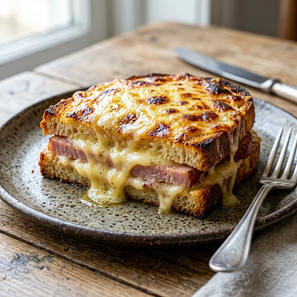 Delicious Croque Monsieur sandwich with melted cheese and ham