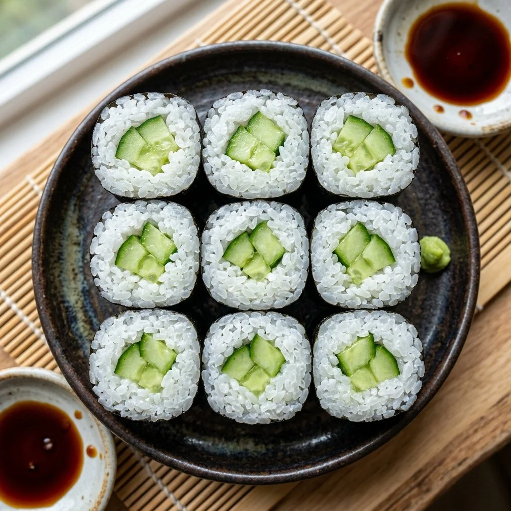 Delicious cucumber sushi rolls with fresh ingredients and vibrant presentation.