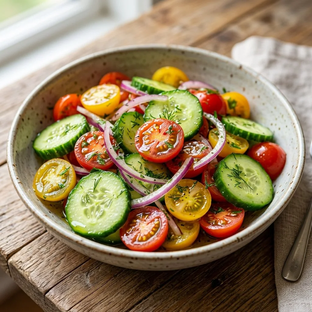 Delicious Cucumber Tomato Salad with fresh vegetables and herbs