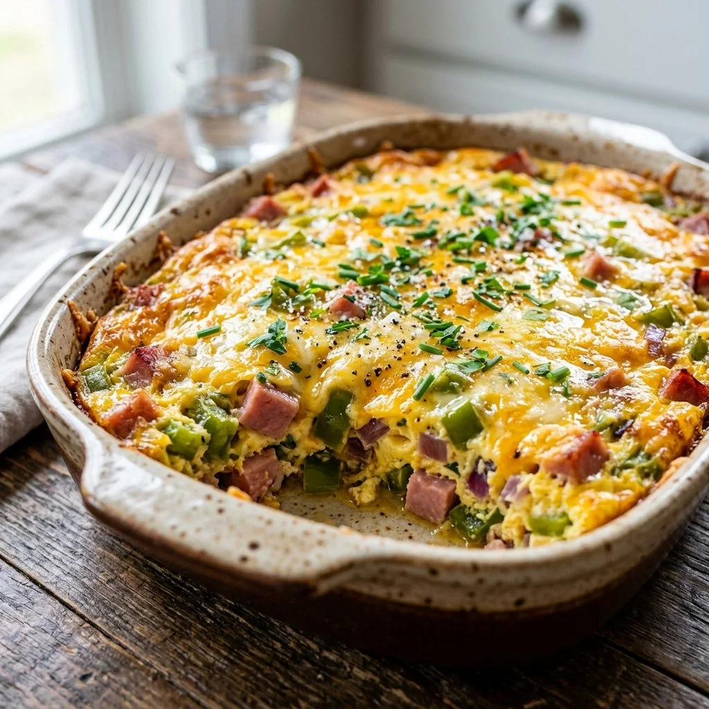 Delicious Denver omelet casserole served in a baking dish.