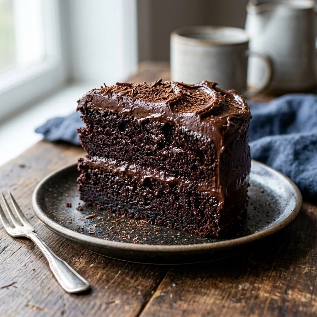 Delicious slice of rich Devil's Food Cake with chocolate frosting