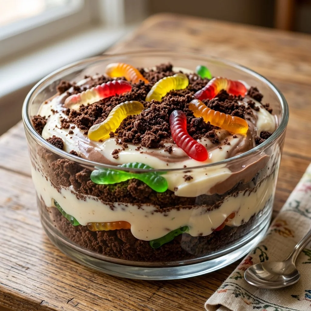 Delicious dirt pudding dessert in a cup with gummy worms and crushed cookies
