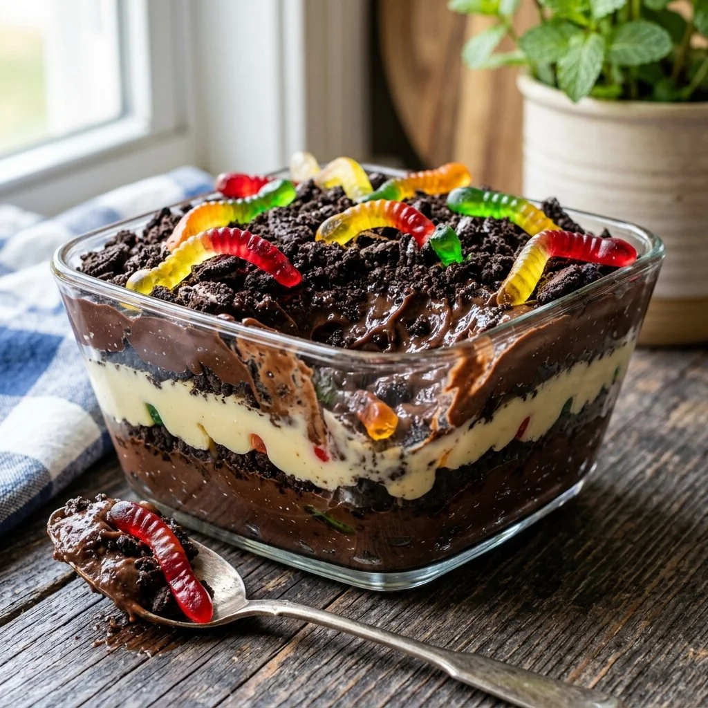 Delicious Dirt Pudding dessert served in a cup with gummy worms and cookie crumbs
