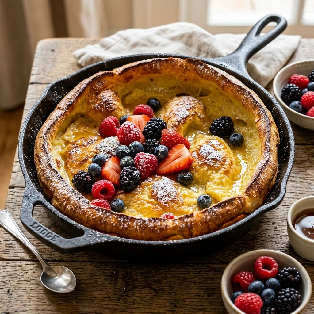 Fluffy Dutch Baby Pancake topped with fruits and powdered sugar
