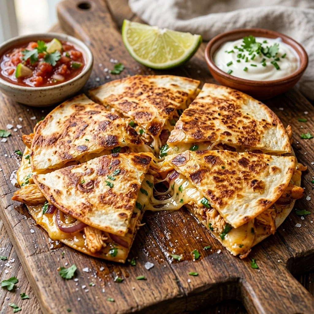 Easy chicken quesadillas recipe with melted cheese and chicken fillings