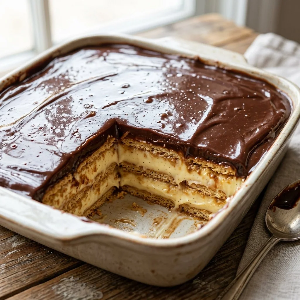 Delicious homemade Eclair Cake with creamy filling and chocolate glaze