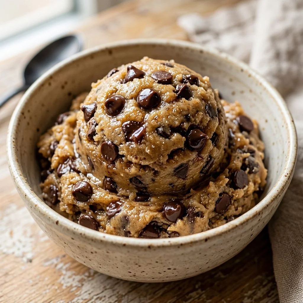 Bowl of safe-to-eat edible cookie dough with chocolate chips.