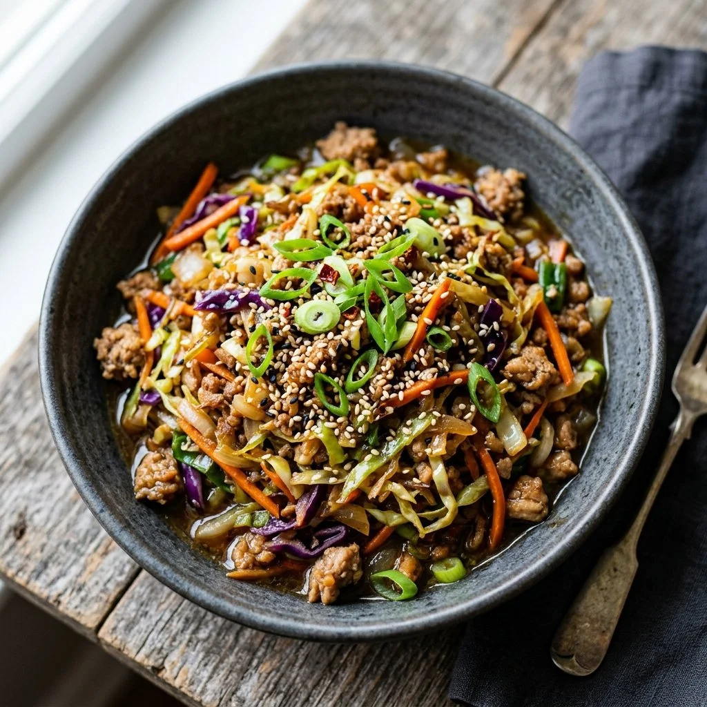 Delicious egg roll in a bowl dish topped with green onions and sesame seeds.