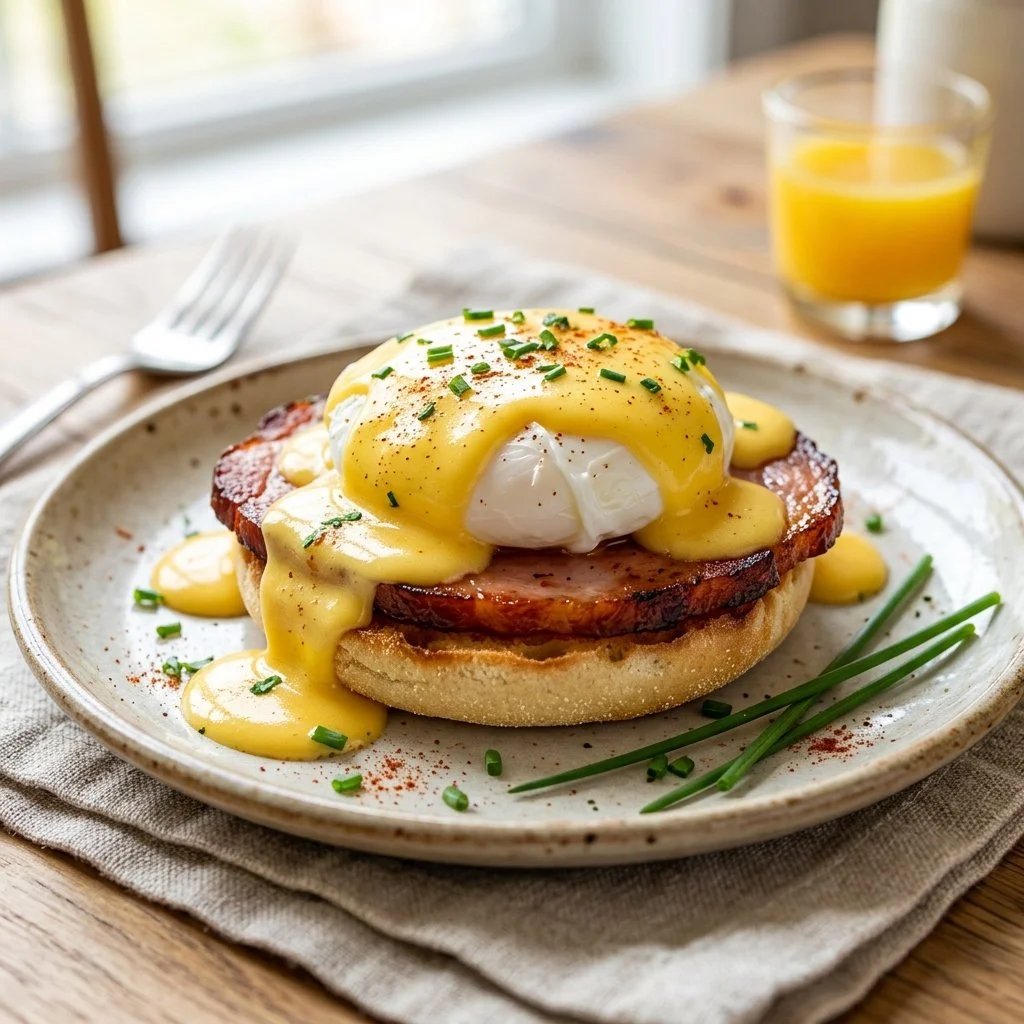 Delicious Eggs Benedict with poached eggs, hollandaise sauce, and garnish