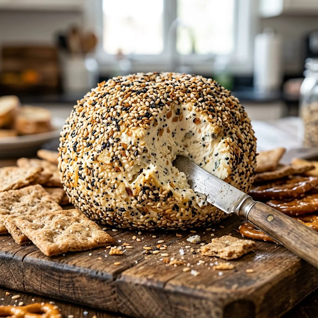 Delicious Everything Bagel Cheese Ball served with crackers and herbs