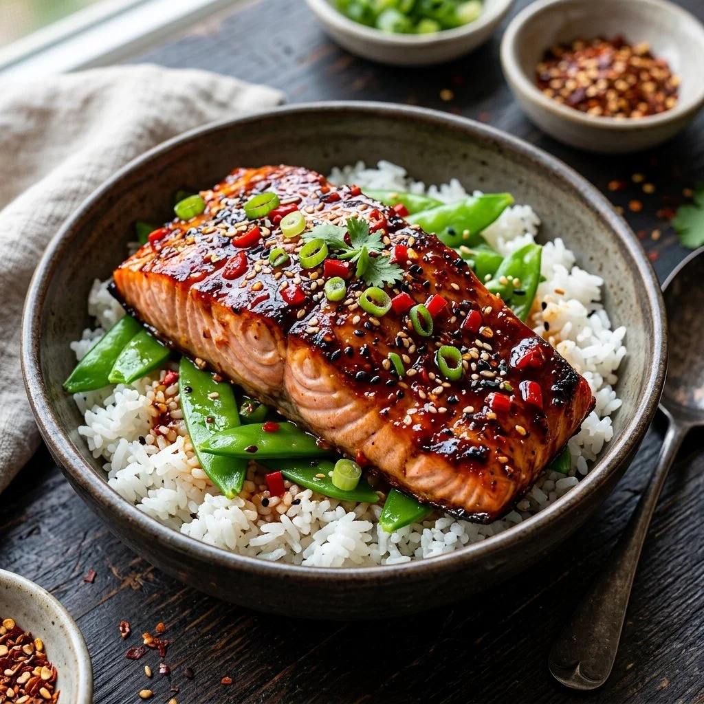 Spicy and savory Firecracker Salmon dish served on a plate