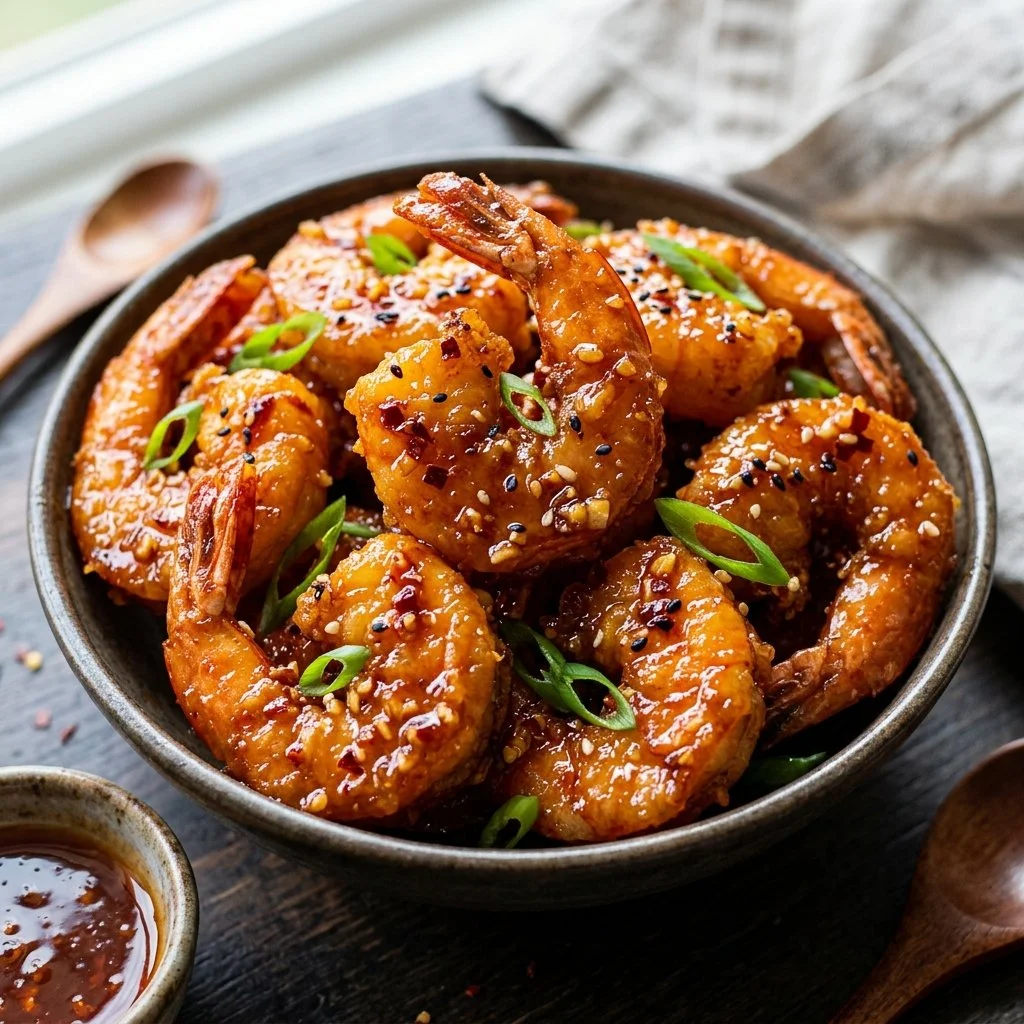 Delicious firecracker shrimp served with a spicy dipping sauce
