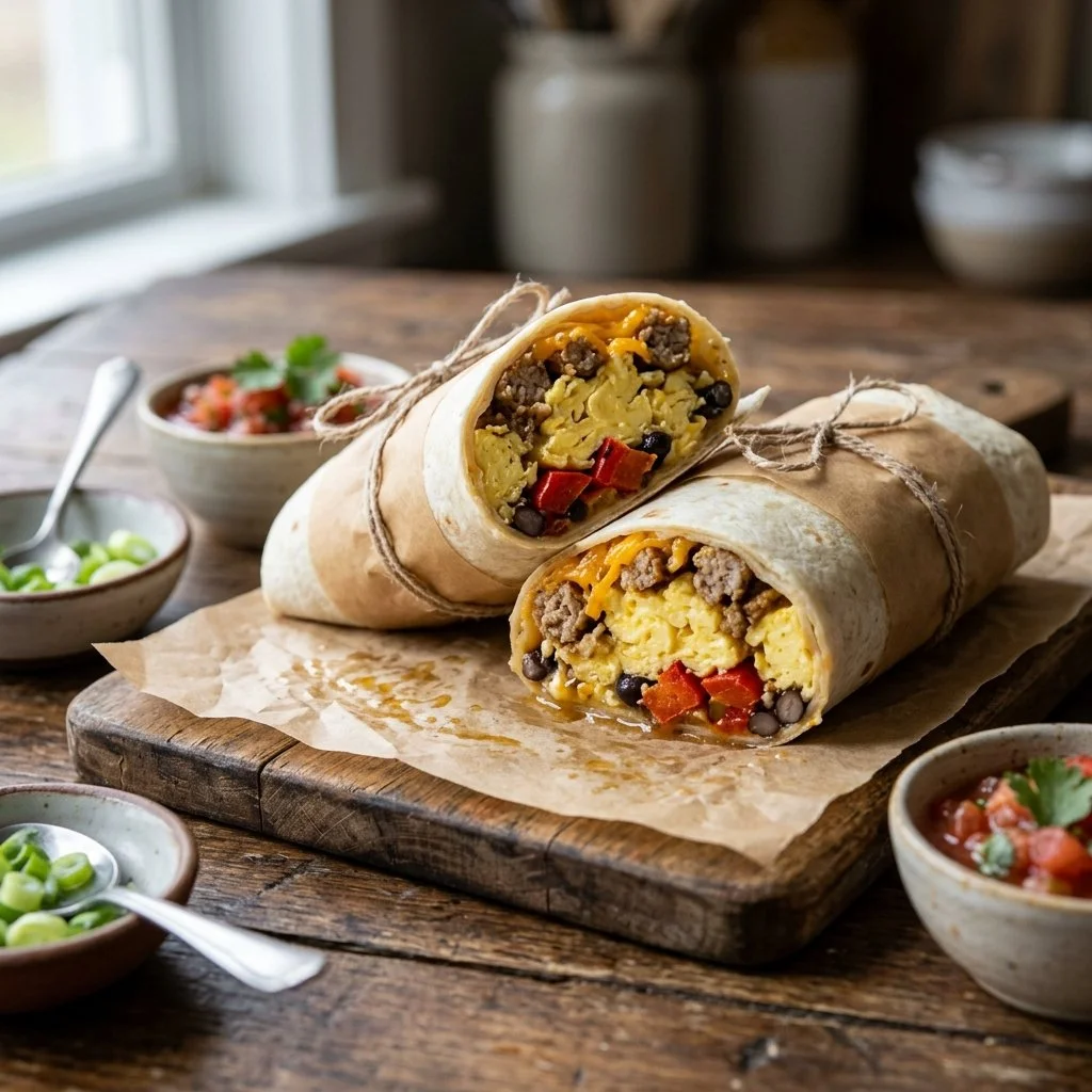 Freezer breakfast burritos ready for meal prep and quick morning meals