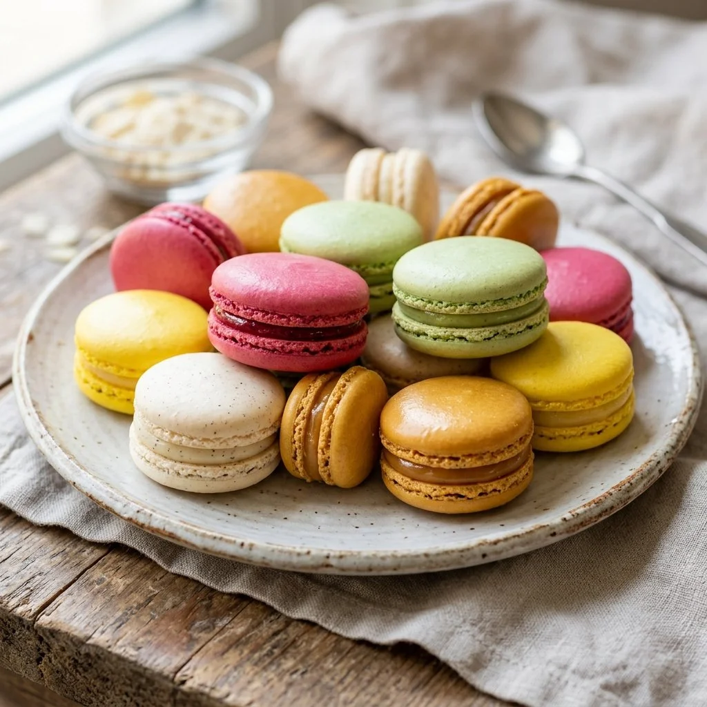 Colorful French Macarons assortment on a rustic wooden table