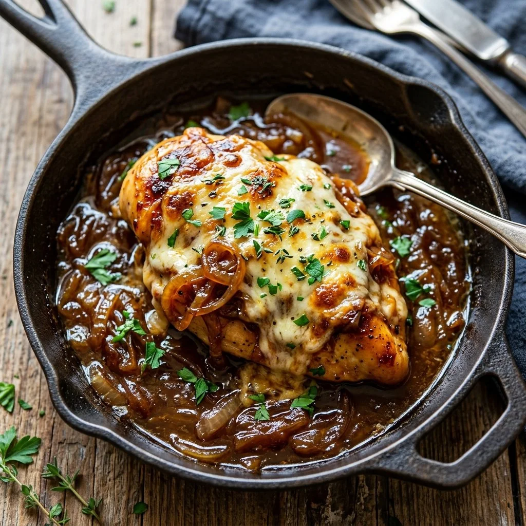Delicious French Onion Chicken topped with melted cheese and caramelized onions