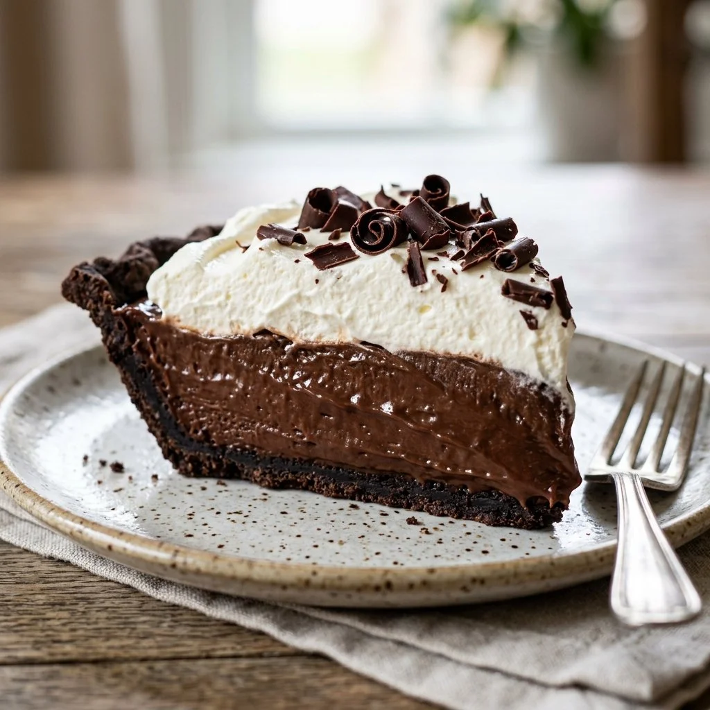 Delicious slice of French Silk Pie topped with whipped cream and chocolate shavings.