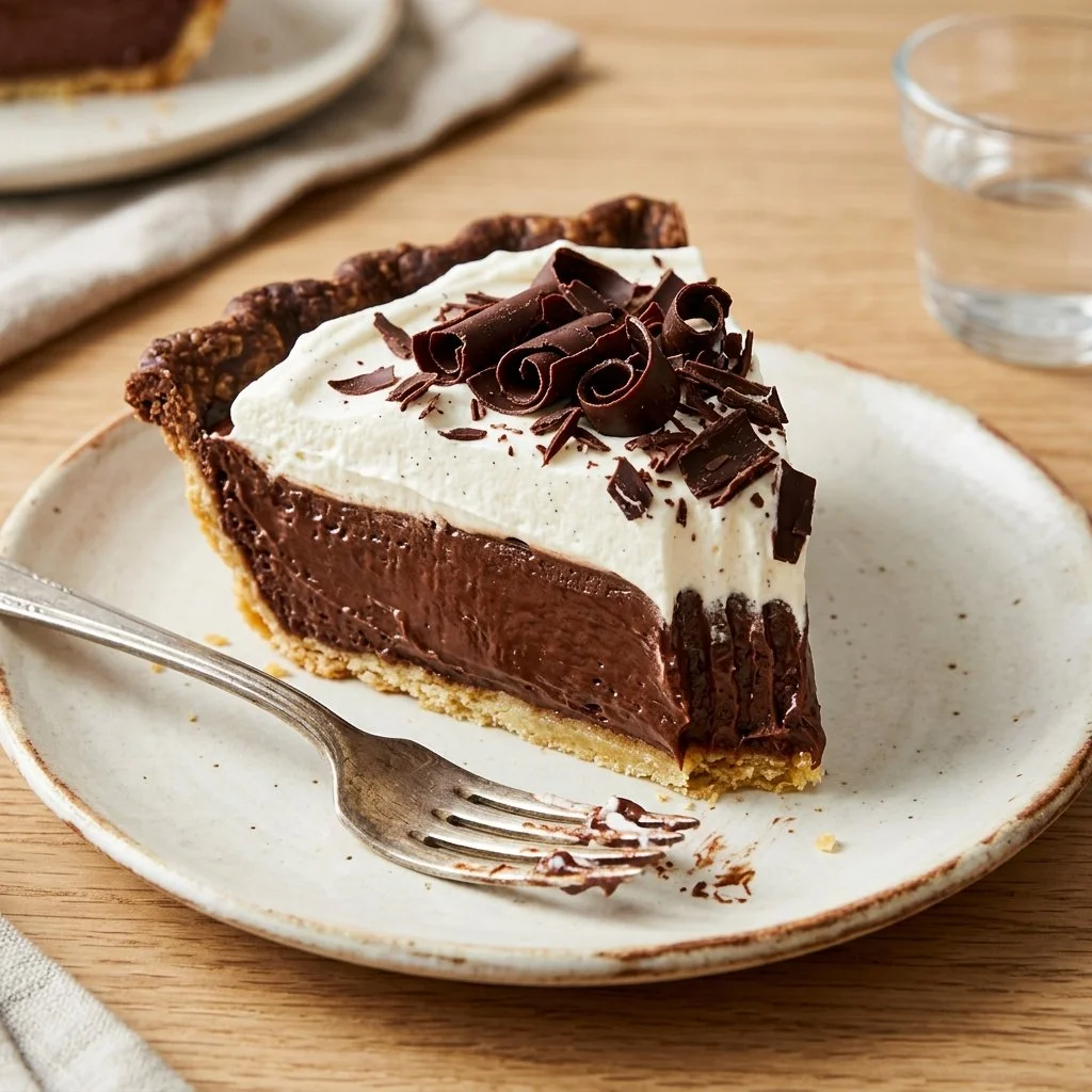 Delicious slice of French Silk Pie with chocolate and whipped cream topping