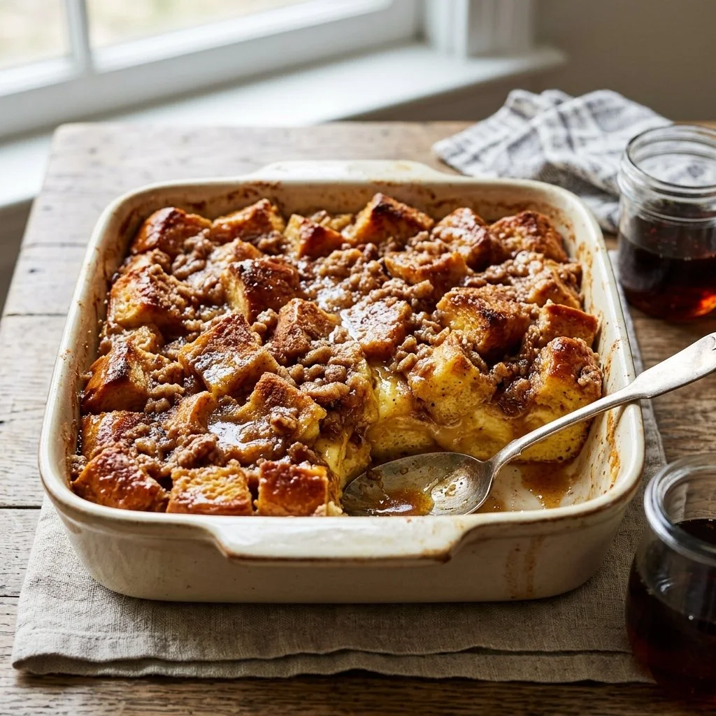 Delicious French Toast Casserole baked to perfection, topped with syrup and strawberries.