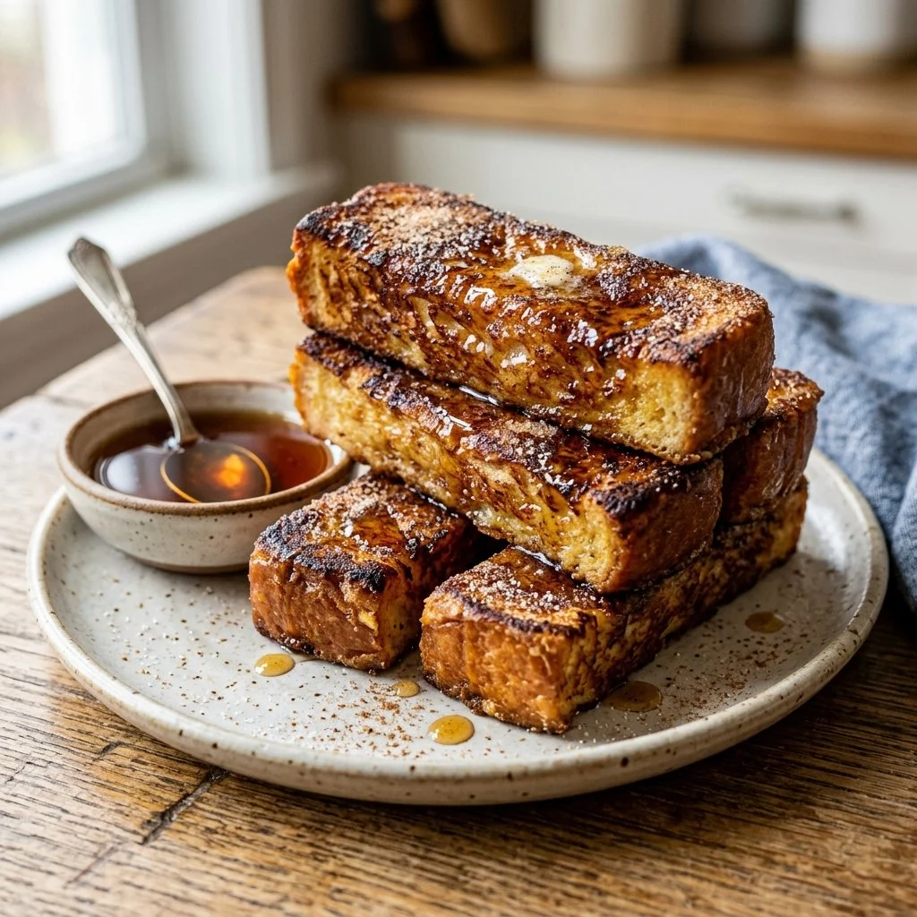 Delicious French Toast Sticks served with syrup on a plate