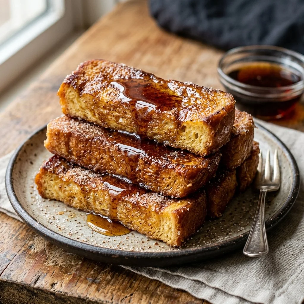 Plate of crispy French Toast sticks drizzled with syrup and topped with strawberries.