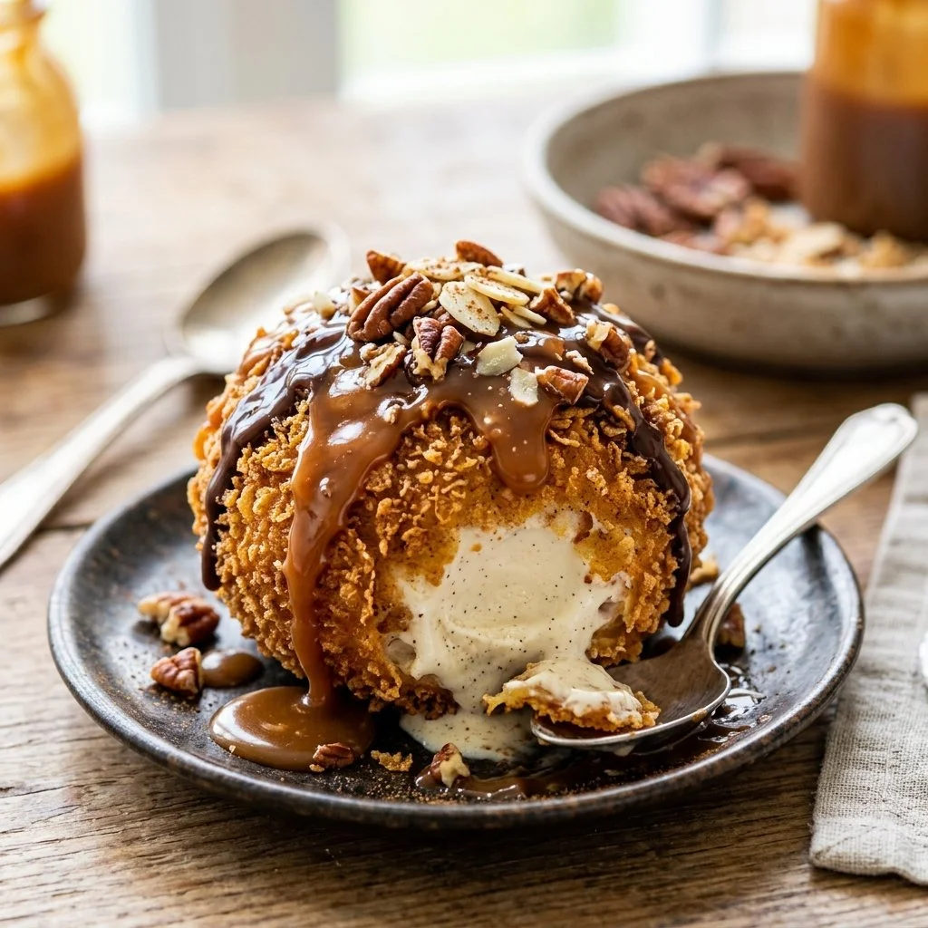 Delicious fried ice cream served with toppings and drizzled sauce