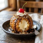 Serving bowl of delicious fried ice cream topped with chocolate syrup and nuts.
