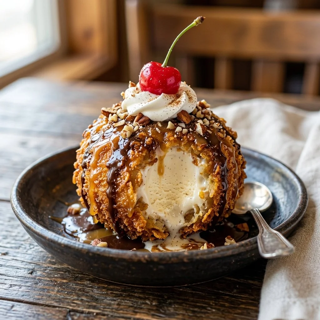 Serving bowl of delicious fried ice cream topped with chocolate syrup and nuts.