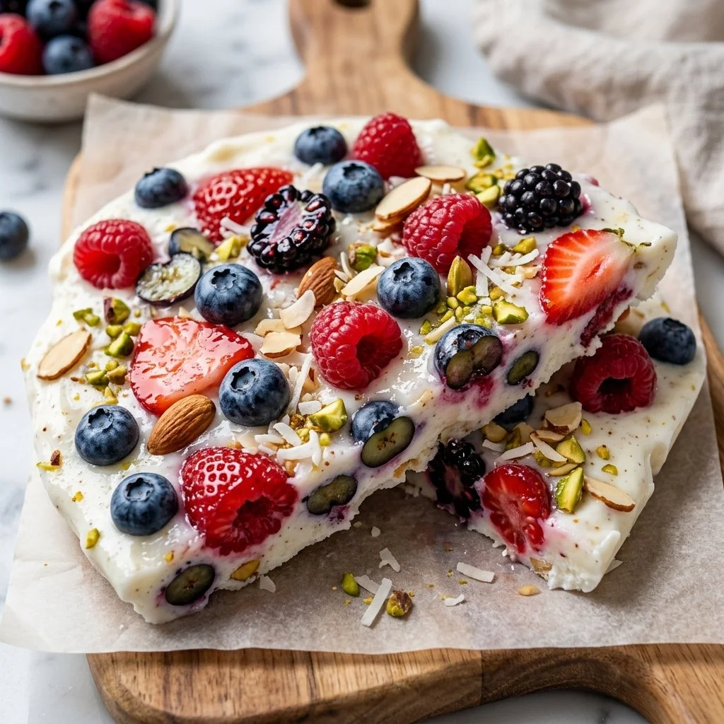 Frozen Yogurt Bark topped with fruits and nuts served on a plate
