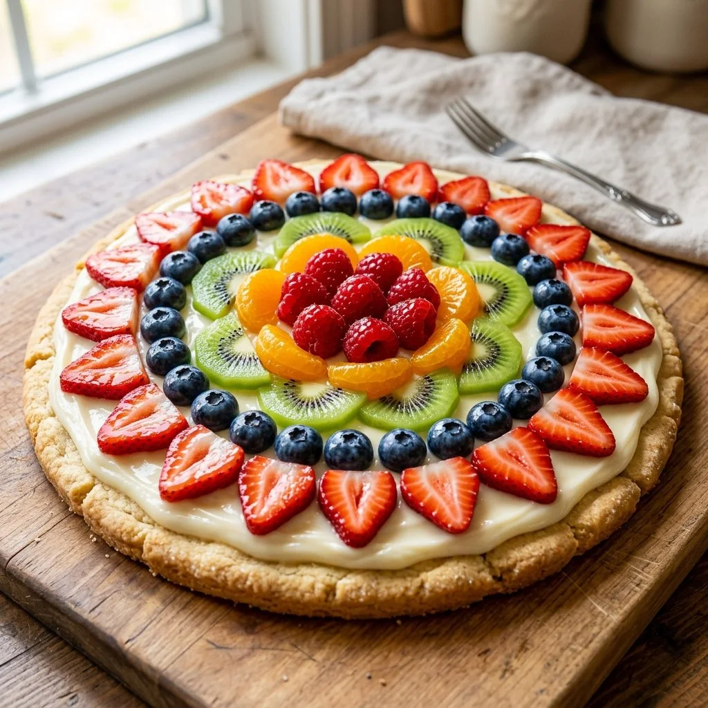 Colorful fruit pizza topped with berries, kiwi, and cream cheese frosting