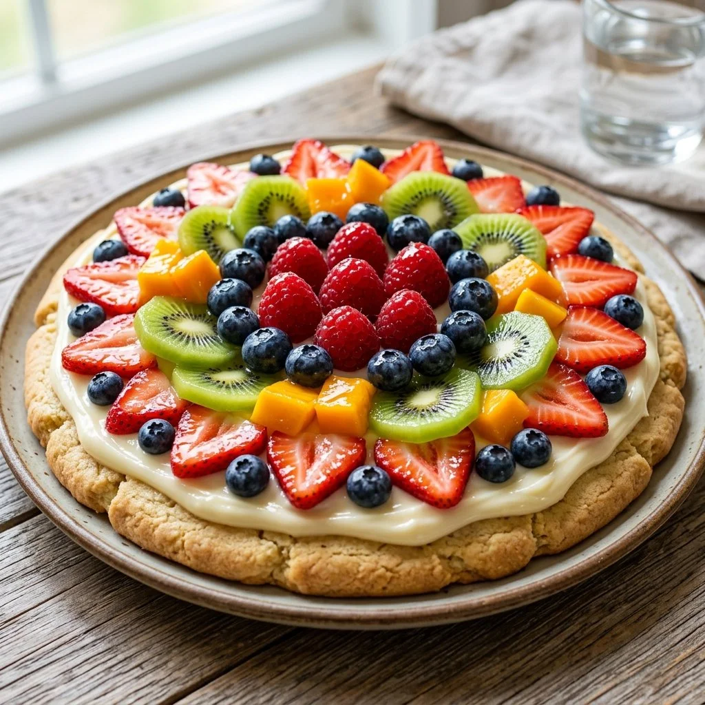 Delicious fruit pizza topped with various fresh fruits and creamy frosting